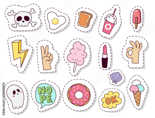 Hipster patches elements hand drawn cute fashionable stickers doodle pop art sketch pins and comic badges vector ilustration.