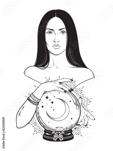 Beautiful brunette witch with magic crystal ball with crescent moon in her hands line art and dot work. Boho chic tattoo, poster, tapestry or altar veil print design vector illustration.