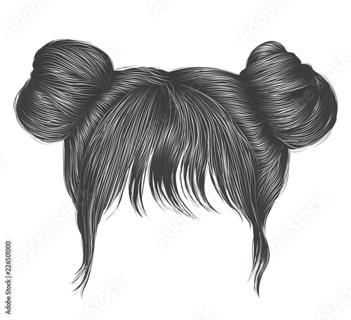 two buns  hairs with fringe gray  colors . colors . women fashion beauty style .