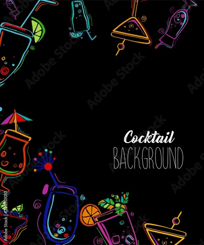 Neon colors on a black background Cocktail Party vector illustration. Template design for menu, bar.