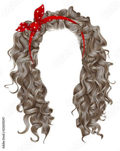 long curly hairs  with red bow. light blond  colors .beauty fashion style .