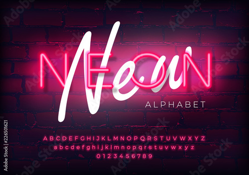 New modern neon set glowing alphabet with numbers. Isolated luminescent font on brick wall background. Vector illustration