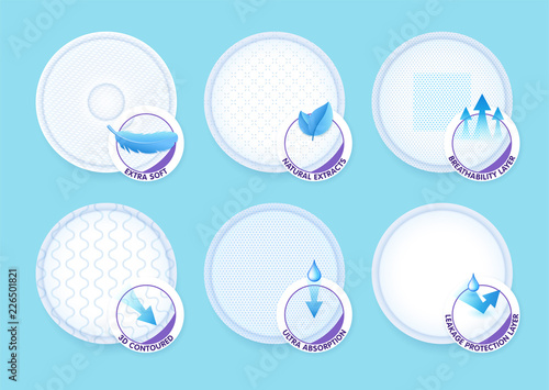 Concept layers with different texture and icons for breast pads, cotton pads, nursing pad liners while offering excellent breathability, protection and comfort. Vector eps10.