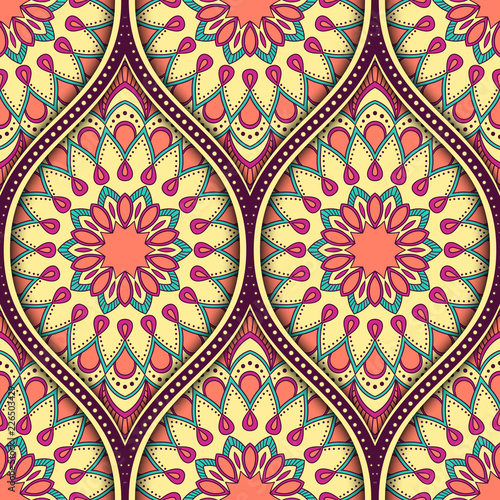 Seamless pattern with ethnic mandala ornament. Hand drawn illustration