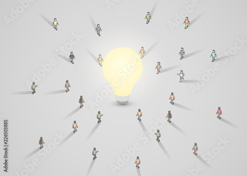 A group of people walking to a light bulb. Brainstorm, inspiration, idea business concept. Vector illustration