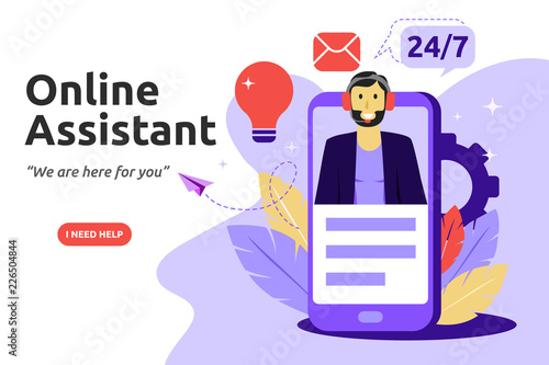 Customer and operator, online technical support concept. Male hotline operator advises client. Vector illustration