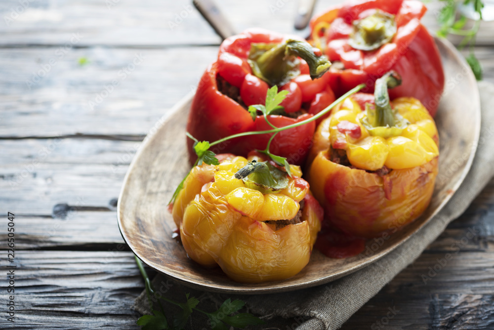 stuffed peppers with meat - obrazy, fototapety, plakaty 