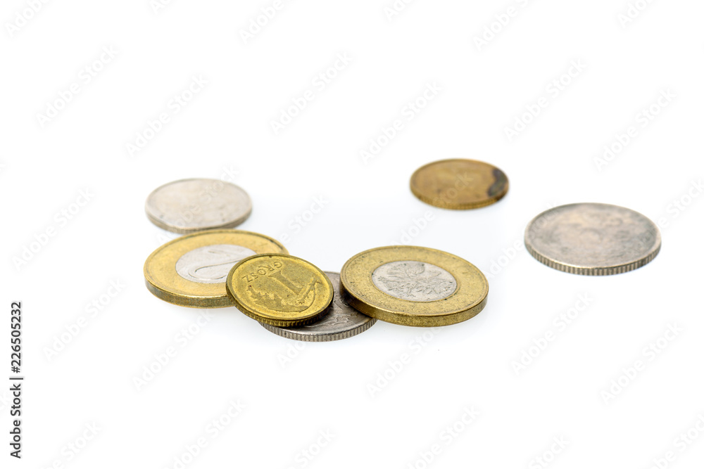 Different Polish Zloty and grosz coins isolated on white background. Different Polish Zloty and grosz coins isolated on white background.