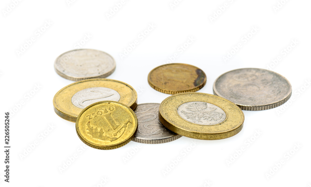 Different Polish Zloty and grosz coins isolated on white background. Different Polish Zloty and grosz coins isolated on white background.