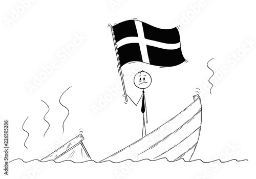 Cartoon stick drawing conceptual illustration of politician standing depressed on sinking boat waving the flag of Kingdom of Denmark.
