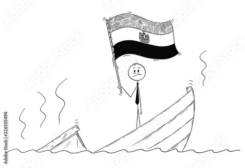 Cartoon stick drawing conceptual illustration of politician standing depressed on sinking boat waving the flag of Arab Republic of Egypt.