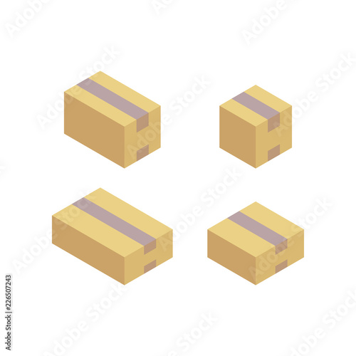 Set cardboard boxes in different sizes. Boxes for transportation and storage. Vector illustration in isometric.