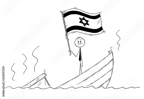 Cartoon stick drawing conceptual illustration of politician standing depressed on sinking boat waving the flag of State of Israel.