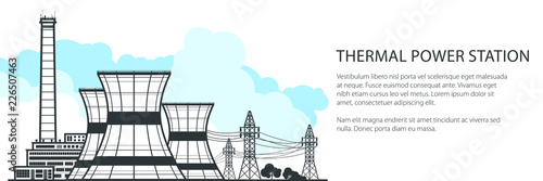 Thermal Power Station Banner , Nuclear Plant and Text, Nuclear Reactor and Power Lines, Vector Illustration