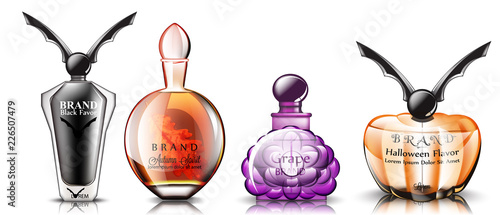 Halloween perfume set Vector realistic. Product placement mock up bottles. Original stylish collection 3d illustrations