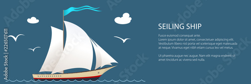 Yacht on the Waves Banner, Sailing Vessel at Sea and Text, Travel Concept , Vector Illustration