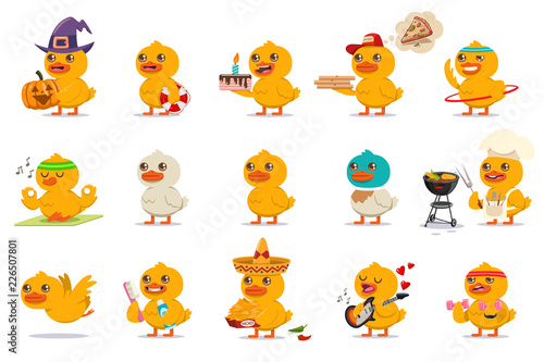 Cute baby duck set. Vector cartoon character of funny bird with different kawaii emotions and costumes isolated on a white background.
