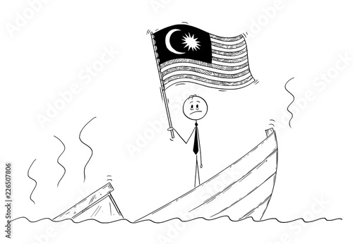 Cartoon stick drawing conceptual illustration of politician standing depressed on sinking boat waving the flag of Malaysia.