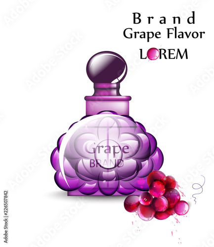 Perfume or potion Vector realistic. Grapes flavor. Product placement mock up ...