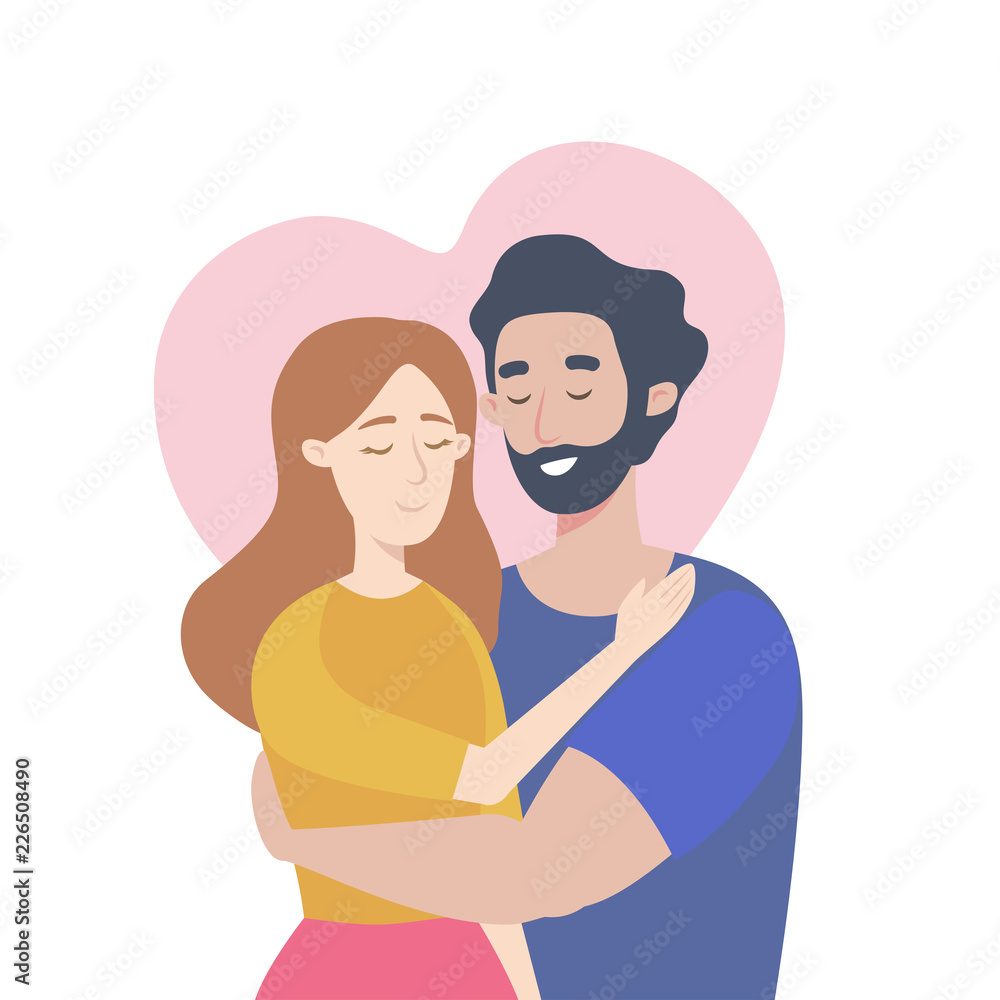 Young couple in love hugging. Valentine day. Vector illustration.