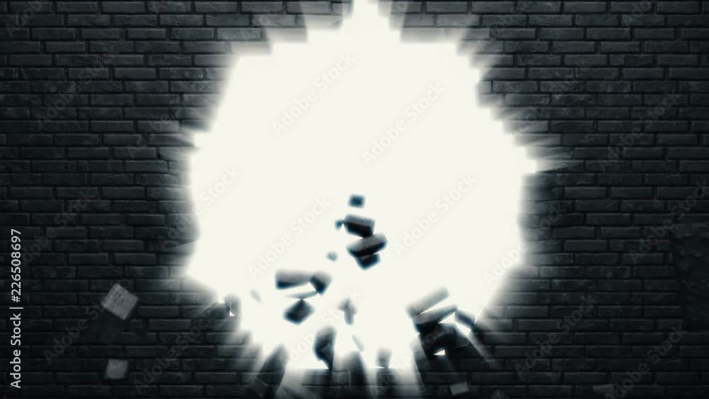 A detailed black brick wall is breaking in the center 4K high quality ...