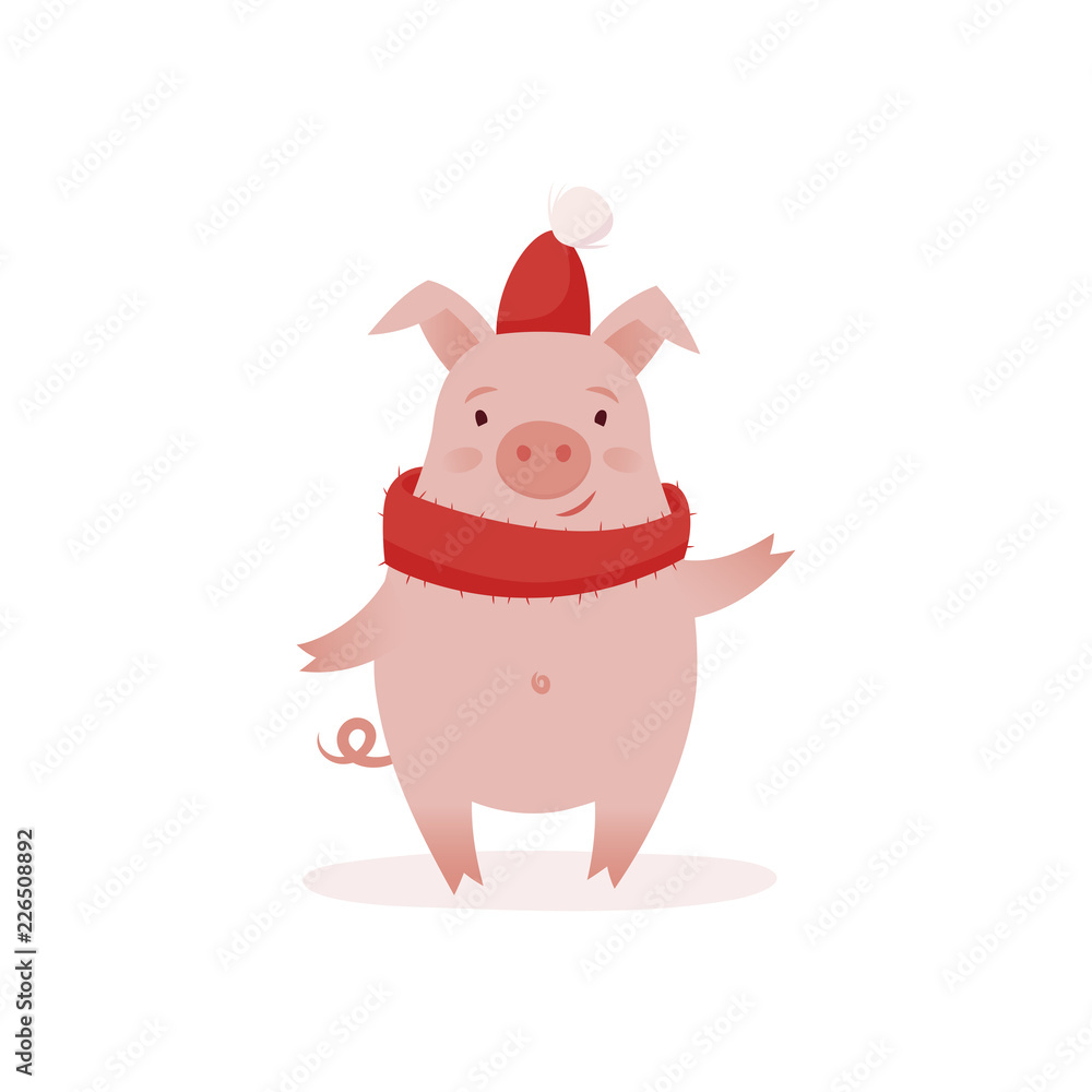 Fototapeta premium Symbol of the New Year 2019, cute pig, postcard, calendar, congratulations. Cartoon vector illustration.