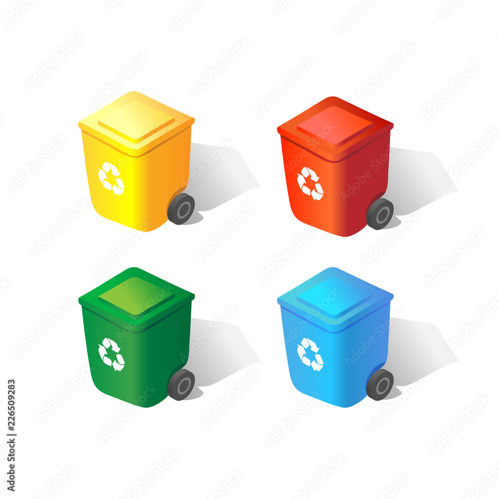 Concept ecology and recycle garbage. Isometric garbage cans vector. Concept ecology and recycle garbage. Isometric garbage cans vector.