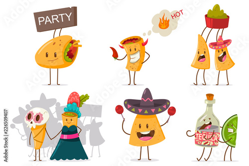 Funny Mexican food and drink vector set. Cute nachos, tequila, lime, burrito and taco cartoon character with different emotions isolated on a white background.