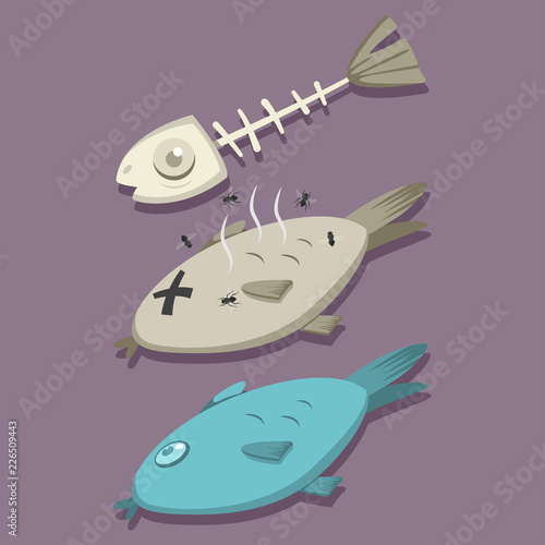 Fish fresh, dead and skeleton vector cartoon set isolated on background.