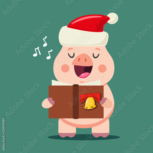 Funny Pig in Santa Claus hat singing Christmas carols. Vector cartoon animal character isolated on background. Symbol of the 2019 Chinese New Year.