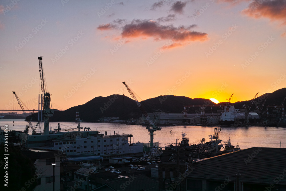 sunrise on the Nagasaki harbor in the Nagasaki bay, Japan
