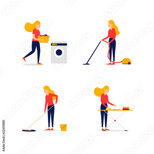 Cleaning, ironing, washing. Woman doing homework. Flat style vector illustration.