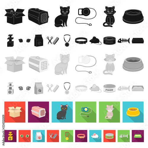 An animal cat flat icons in set collection for design. Caring for a cat vector symbol stock web illustration.