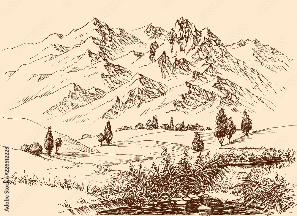 Mountains panorama hand drawing. Travel or tourism in nature background