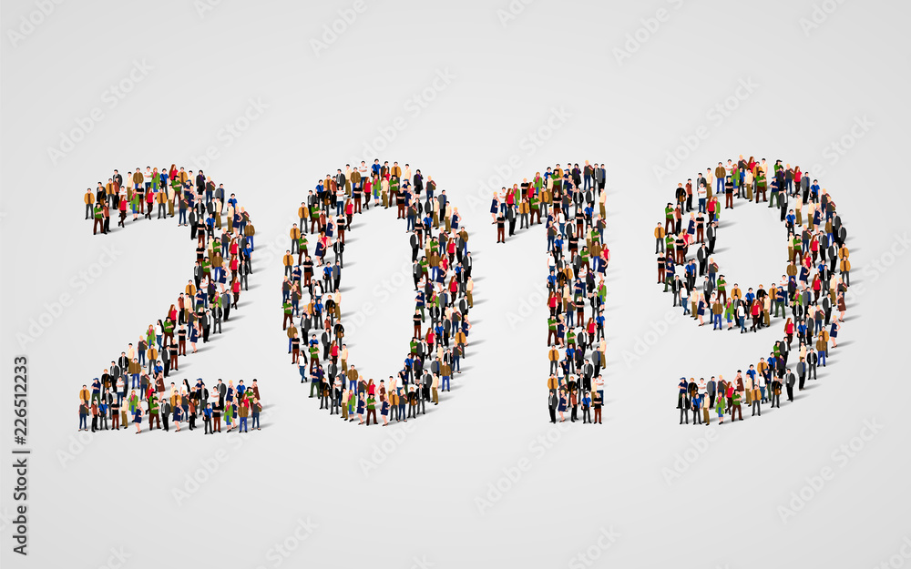 Happy New Year 2019. Large and diverse group of people gathered together in the shape of number 2019. Vector illustration Happy New Year 2019. Large and diverse group of people gathered together in the shape of number 2019. Vector illustration