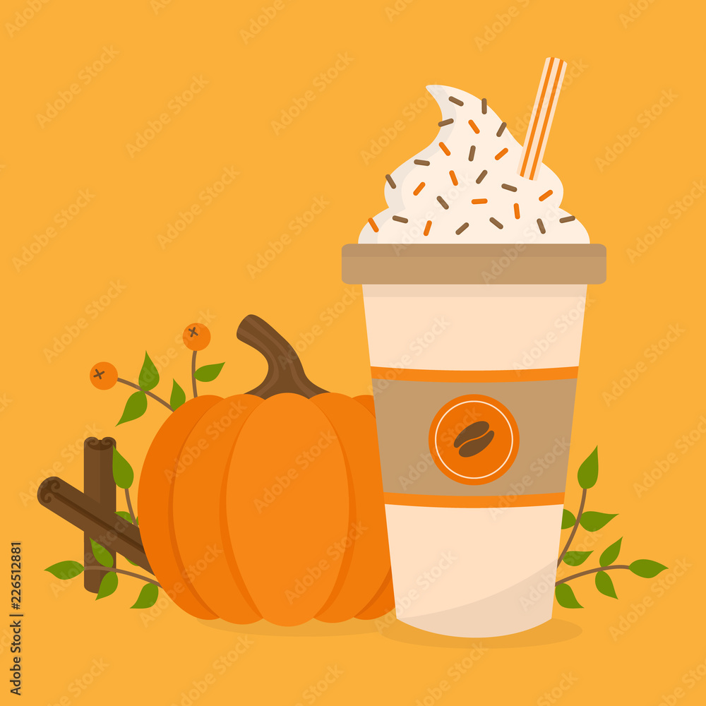 Pumpkin spice vector graphic illustration. Cute autumn, fall background;  pumpkin, rowan berry, cup of coffee with whipped cream, sprinkles and  striped straw, leaves and cinnamon sticks. Stock Vector