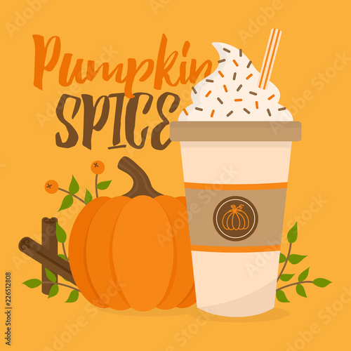 Pumpkin spice vector graphic illustration. Cute autumn, fall background; pumpkin, rowan berry, cup of coffee with whipped cream, sprinkles and striped straw, leaves and cinnamon sticks.