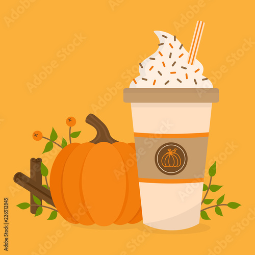 Pumpkin spice vector graphic illustration. Cute autumn, fall background; pumpkin, rowan berry, cup of coffee with whipped cream, sprinkles and striped straw, leaves and cinnamon sticks.