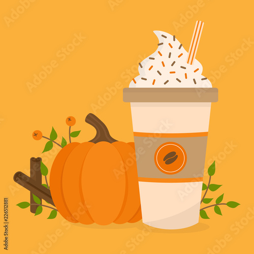 Pumpkin spice vector graphic illustration. Cute autumn, fall background; pumpkin, rowan berry, cup of coffee with whipped cream, sprinkles and striped straw, leaves and cinnamon sticks.