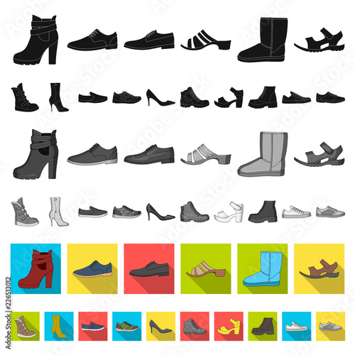 Different shoes flat icons in set collection for design. Men's and women's shoes vector symbol stock web illustration.