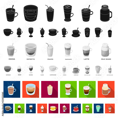 Different kinds of coffee flat icons in set collection for design. Coffee drink vector symbol stock web illustration.