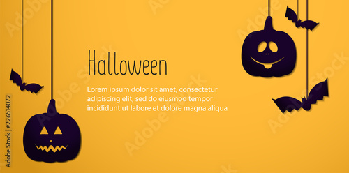 Halloween pumpkins Vector illustration for posters, banners, invitations Lilac paper cut jack-pumpkin's heads and bats on yellow background Template with copy space