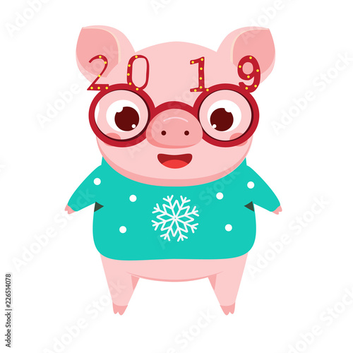 Cartoon pig  symbol of chinese 2019 new year in funny party eyeglasses