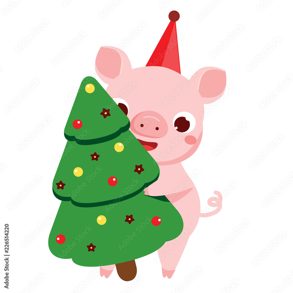 Cartoon pig, symbol of 2019 chinse new year with spruce tree. vector ...
