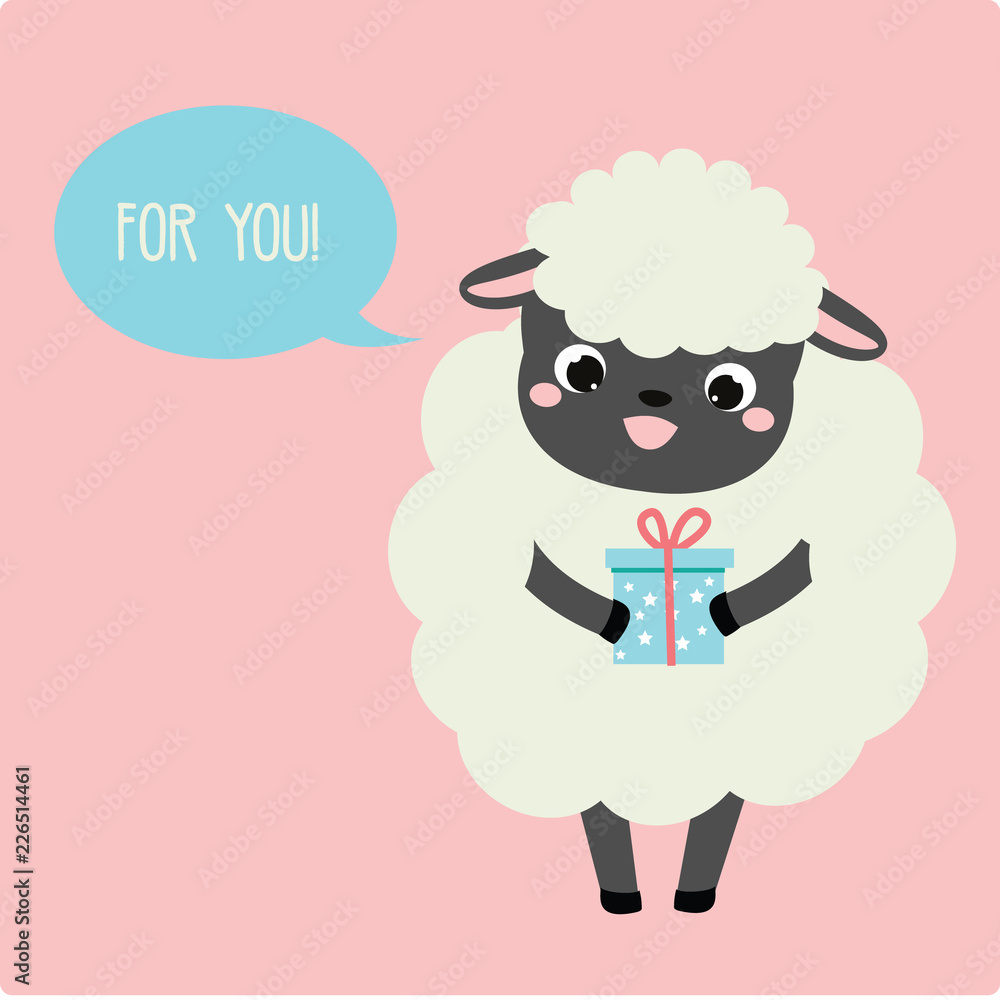 Cute cartoon sheep with gift box. Greeting card design with sweet lamb for birthday, romantic and other events Cute cartoon sheep with gift box. Greeting card design with sweet lamb for birthday, romantic and other events