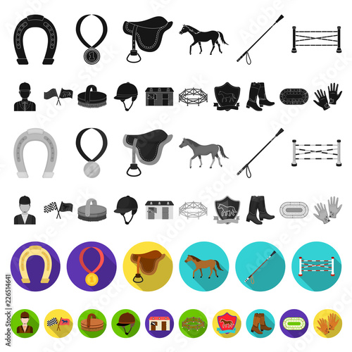 Hippodrome and horse flat icons in set collection for design. Horse Racing and Equipment vector symbol stock web illustration.