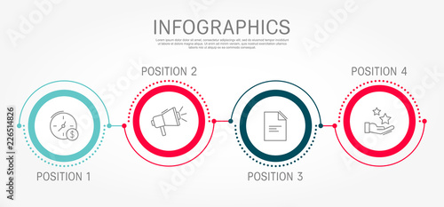 Modern and simple flat vector illustration. Infographic template with four circles, elements, sectors and percentages. Designed for business, presentations, web design, interface 4 step diagrams