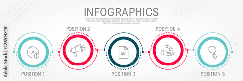 Modern and simple flat vector illustration. Infographic template with five circles, elements, sectors and percentages. Designed for business, presentations, web design, interface 5 step diagrams