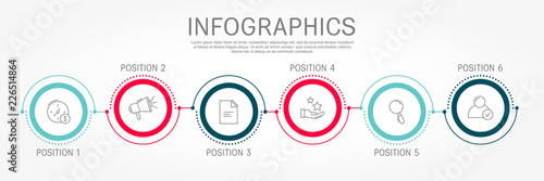 Modern and simple flat vector illustration. Infographic template with six circles, elements, sectors and percentages. Designed for business, presentations, web design, interface 6 step diagrams.