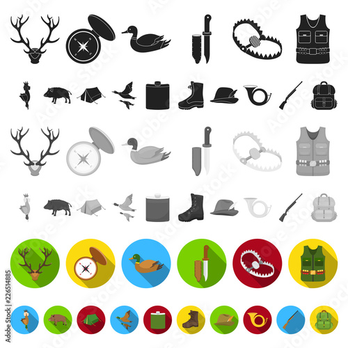 Hunting and trophy flat icons in set collection for design. Hunting and equipment vector symbol stock web illustration.